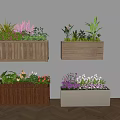 Flowers and Plants in Wooden and Beige Planters with Fence Edge on Wall and Floor