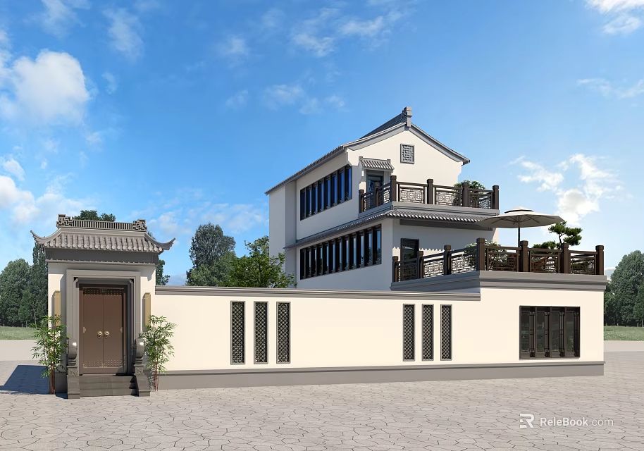Chinese Style Detached Villa With Two Story Structure Courtyard Balcony And Green Plants 3d model 