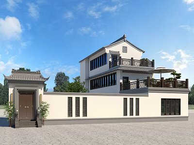 Chinese Style Detached Villa With Two Story Structure Courtyard Balcony And Green Plants 3d model