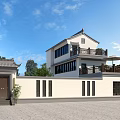 Chinese Style Detached Villa With Two Story Structure Courtyard Balcony And Green Plants