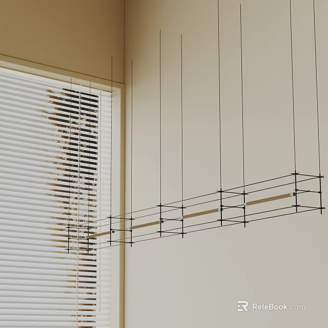 Modern Interior Chandelier With Metal Frame Wooden Slats And Window Blinds 3d model 