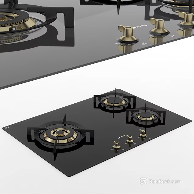 Elegant Modern Gas Hob With Black Glass Surface And Brass Knobs Kitchen Appliance 3d model