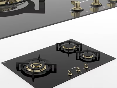 Elegant Modern Gas Hob With Black Glass Surface And Brass Knobs Kitchen Appliance 3d model