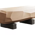 Modern Wooden Bench With Geometric Carved Design And Black Stone Bases