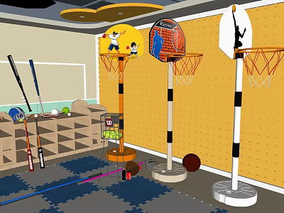Indoor Sports Equipment Setup With Basketball Hoops Baseball Bats And Various Balls 3d model