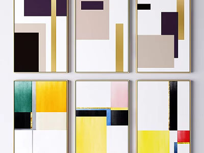 Modern Abstract Paintings With Geometric Shapes Various Colors And Gold Frames 3d model