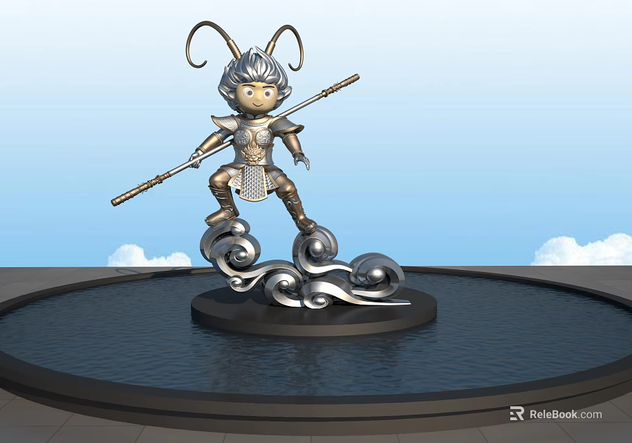 Cartoon Sculpture Holding Staff With Curly Horns Silver Armor On Cloud Base In Water Pool 3d model 