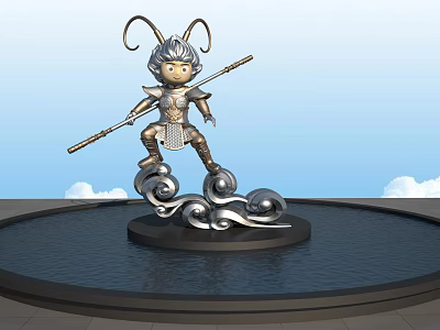 Cartoon Sculpture Holding Staff With Curly Horns Silver Armor On Cloud Base In Water Pool 3d model