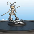 Cartoon Sculpture Holding Staff With Curly Horns Silver Armor On Cloud Base In Water Pool