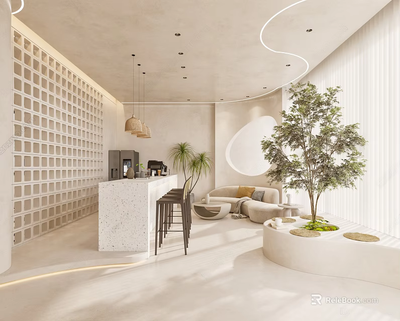 Modern Reception Desk Interior Design With Sofa Green Plant And Pendant Lights 3d model 