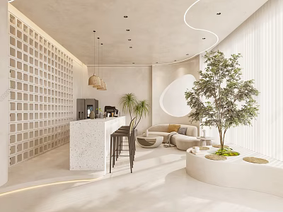Modern Reception Desk Interior Design With Sofa Green Plant And Pendant Lights 3d model