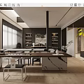 Modern Dining and Living Room Interior With Marble Dining Table Chairs Shelves And Green Plants