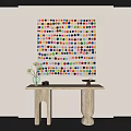Colorful Polka Dot Painting Above White Console Table With Vase Camera And Decorative Object