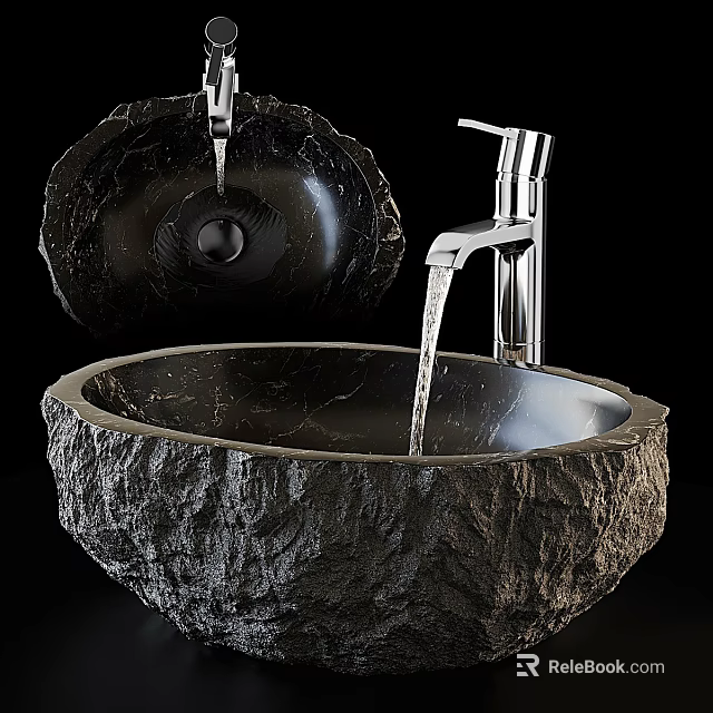 Textured Natural Stone Vessel Sink With Chrome Faucet And Water Flow 3d model 