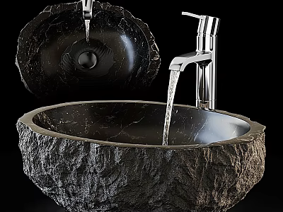 Textured Natural Stone Vessel Sink With Chrome Faucet And Water Flow 3d model