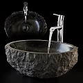 Textured Natural Stone Vessel Sink With Chrome Faucet And Water Flow