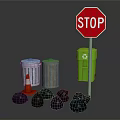 Urban Roadside Scene With Stop Sign Silver Gray Green Trash Bins Traffic Cone And Stones