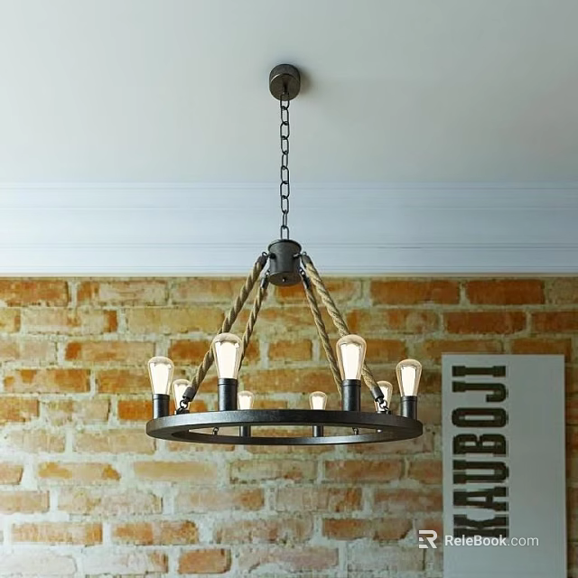 Rustic Industrial Chandelier with Metal Frame Rope Accents and Multiple Bulbs in Brick Wall 3d model 