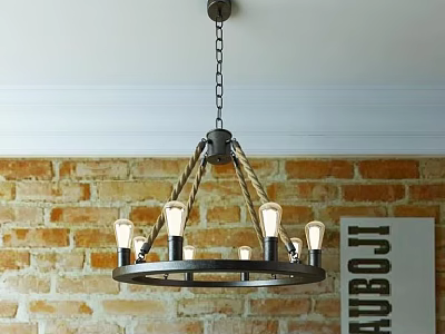 Rustic Industrial Chandelier with Metal Frame Rope Accents and Multiple Bulbs in Brick Wall 3d model