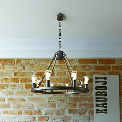 Rustic Industrial Chandelier with Metal Frame Rope Accents and Multiple Bulbs in Brick Wall 3d model