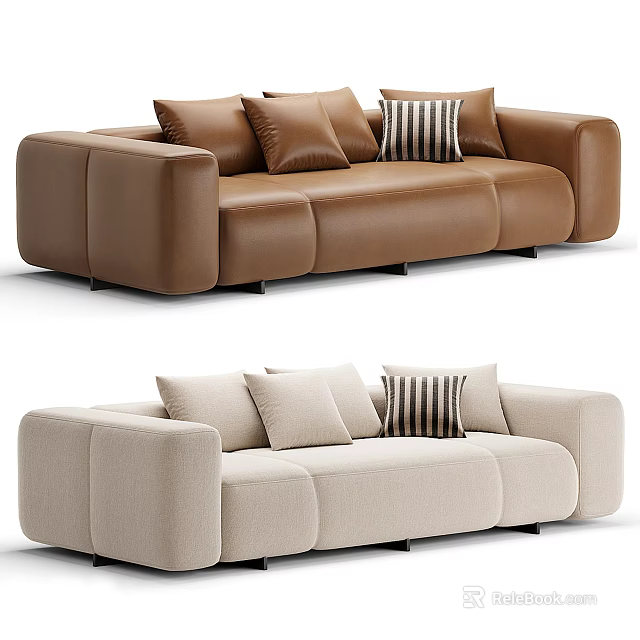 Modern Brown And Beige Sectional Sofa With Multiple Cushions And Striped Accent 3d model 