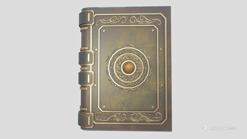Antique Book Cover With Intricate Golden Ornate Patterns Circular Emblem And Metal Clasps 3d model 