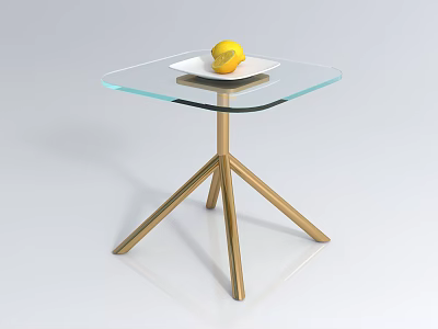 Modern Side Table with Glass Top and Gold Metal Legs Featuring White Plate and Lemon 3d model