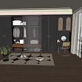 Modern Walk-in Closet Featuring Glass Fronted Wardrobe Dark Cabinets Rattan Doors Dressing Table And Chair