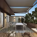 Villa Balcony Open Design With White Long Table Chairs Green Plants And Shade Structure