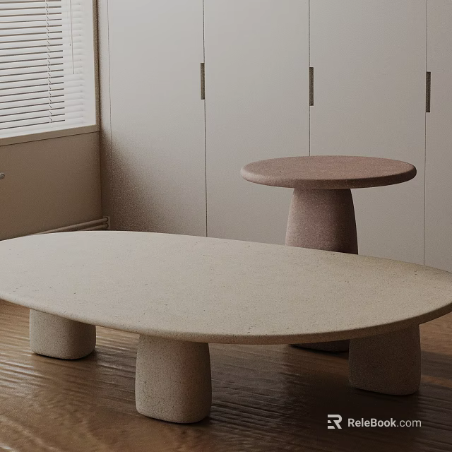Minimalist Sofa and Coffee Table Set with Oval Light Colored Table Round Side Table and Wooden Floor 3d model 