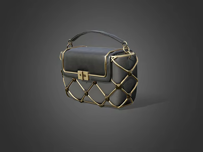 Chic Black Leather Handbag With Gold Mesh Detailing And Adjustable Shoulder Strap 3d model