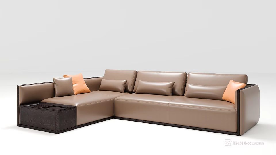 L Shaped Brown Leather Sectional Sofa With Orange Accent Pillows And Side Table 3d model