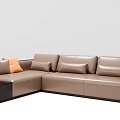 L Shaped Brown Leather Sectional Sofa With Orange Accent Pillows And Side Table 3d model