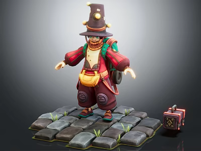 Character In Traditional Robe With Tall Hat Backpack Standing On Stone Pavement Near Small Chest 3d model