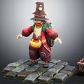 Character In Traditional Robe With Tall Hat Backpack Standing On Stone Pavement Near Small Chest