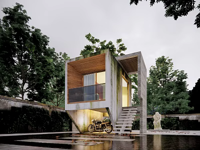 Modern Detached Villa With Concrete Structure Wooden Balcony Staircase Pool And Motorcycle Surrounded By Trees 3d model