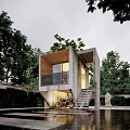 Modern Detached Villa With Concrete Structure Wooden Balcony Staircase Pool And Motorcycle Surrounded By Trees