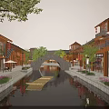 Charming Traditional Commercial Street With River Stone Bridge And Shopfront Reflections