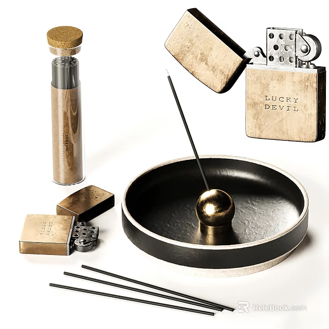 Decorative Accessory Set with Aromatic Bottle Incense Sticks Tray Golden Ball and Lighter 3d model 