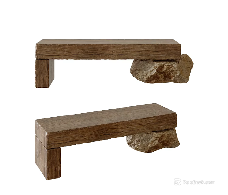 Natural Wooden Stools With Stone Leg Supports And Simple Rustic Home Design 3d model 