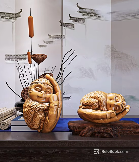 Wooden Decorative Monkey Ornaments Set With Twigs Scrolls And Landscape Wall 3d model 