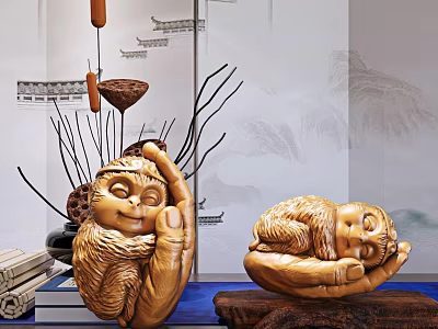 Wooden Decorative Monkey Ornaments Set With Twigs Scrolls And Landscape Wall 3d model