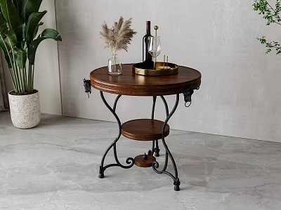 Round Wooden Coffee Table with Black Metal Legs Wine Bottle Dried Flowers and Green Plant 3d model
