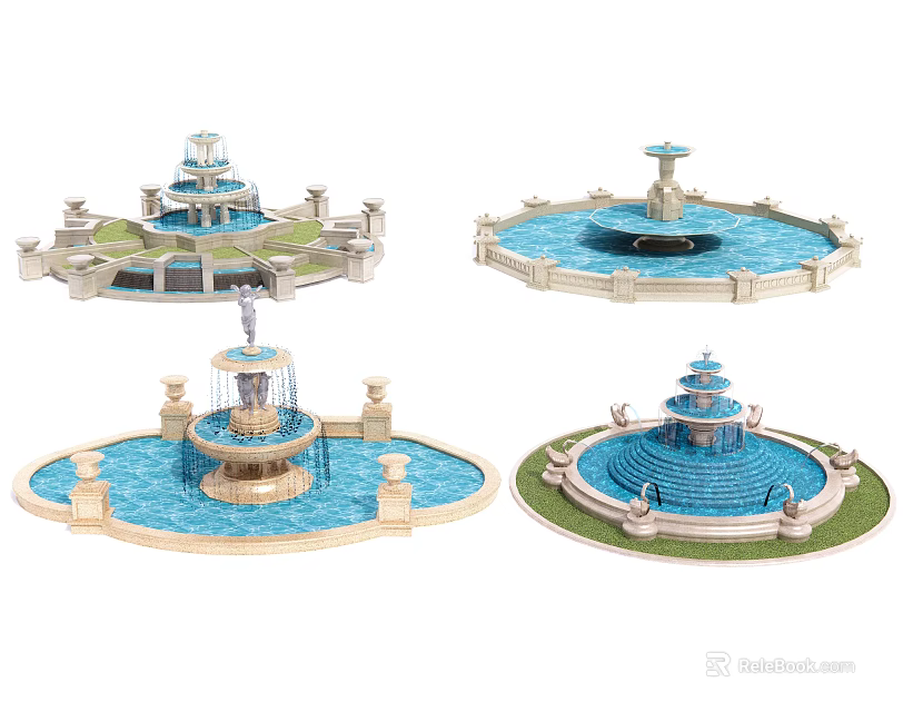 Various Ornamental Fountains with Tiered Designs Circular Bases and Decorative Water Elements 3d model 