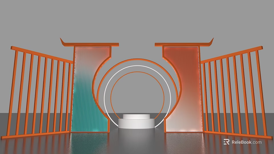 Modern Display Stage With Orange Green Structures Circular Decor And White Platform 3d model 