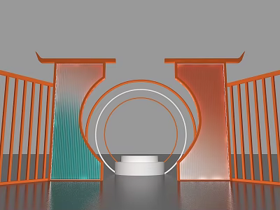 Modern Display Stage With Orange Green Structures Circular Decor And White Platform 3d model