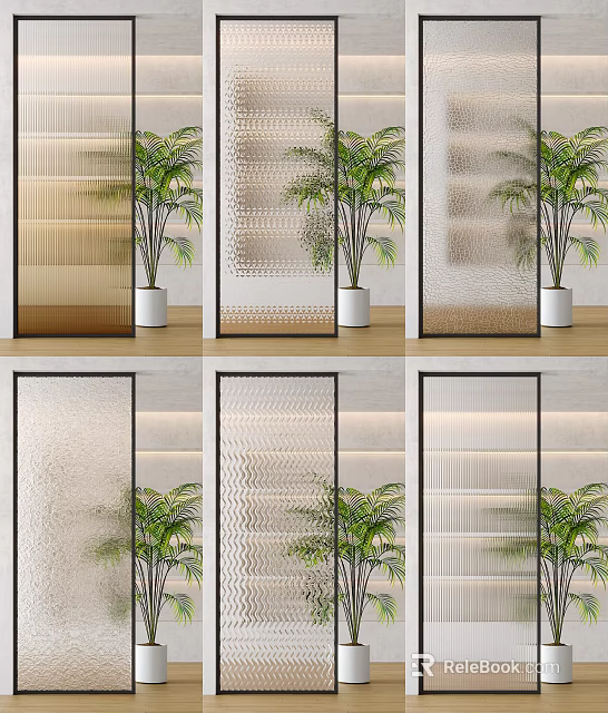 Modern Glass Room Dividers With Textured Patterns And Indoor Plants In Interior Space 3d model 