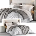 Modern Minimalist Double Bed with Light Headboard White Quilt and Round Nightstands