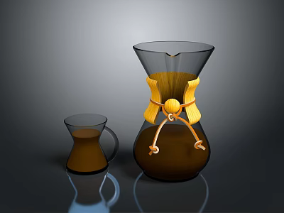 Glass Coffee Pot With Yellow Decorative Band And Small Cup For Daily Use 3d model