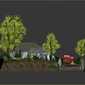Cartoon Scene With Small Rustic House Green Trees Red Truck Brown Boxes And Wooden Platform